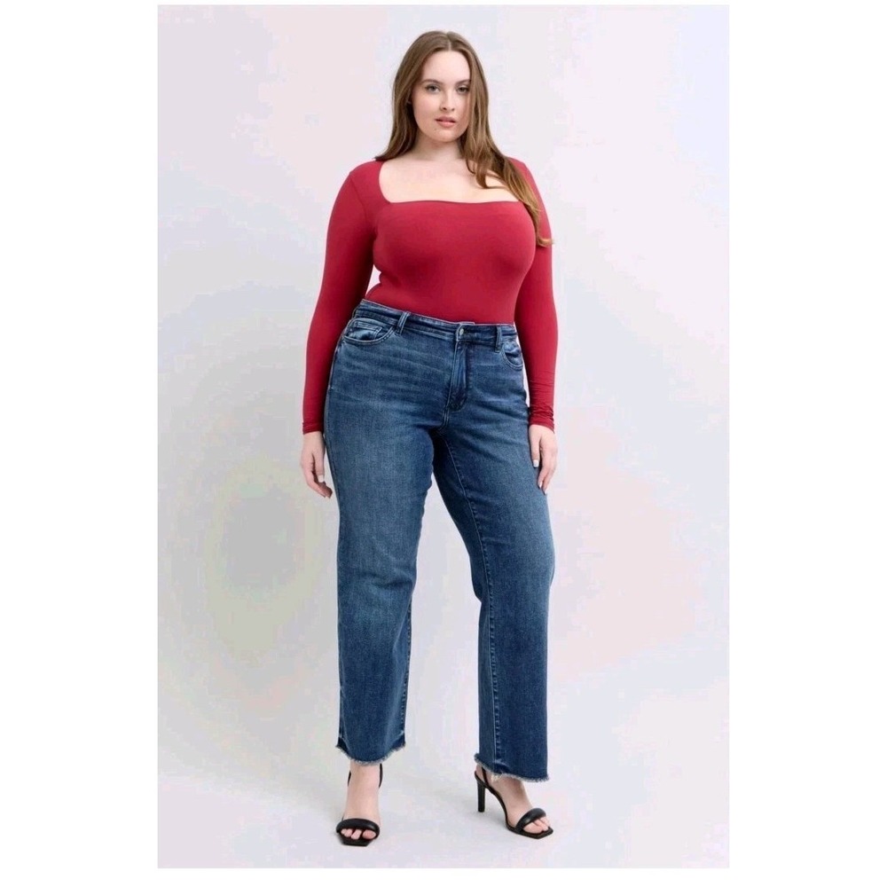 Judy Blue Women's 20W Raw Hem Stretch Mid Rise Wide Leg With Tint Denim Jeans